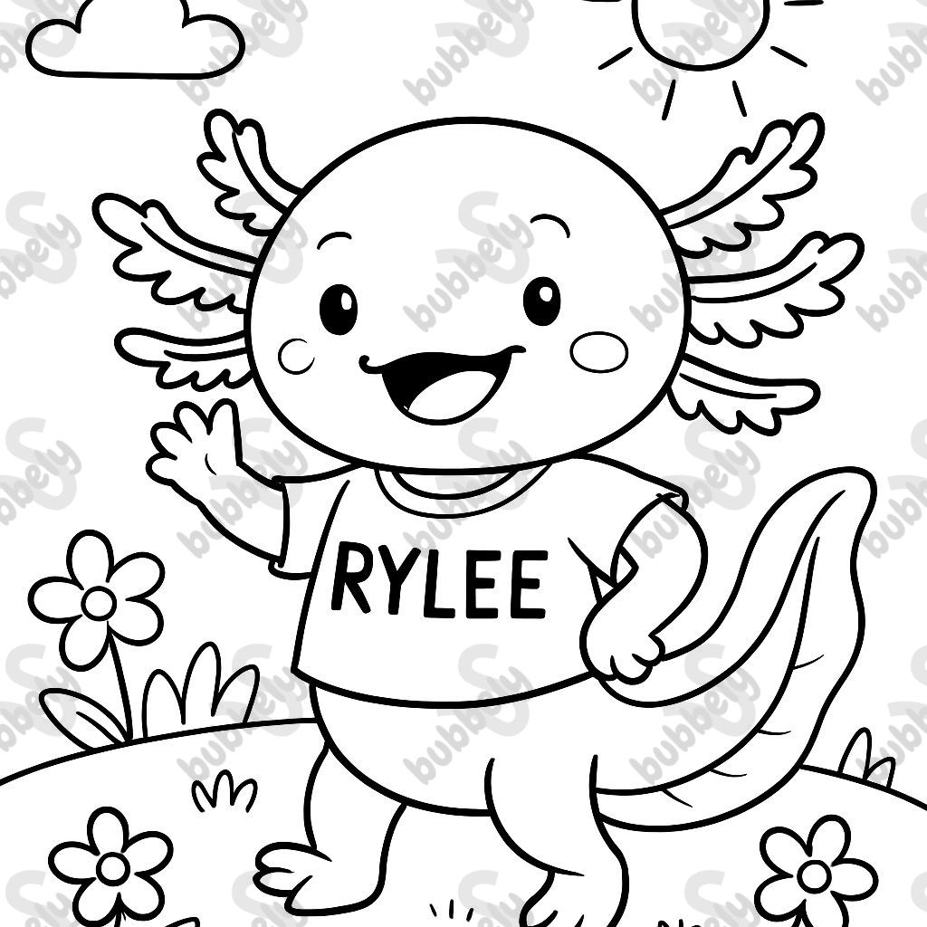 Axolotl wearing a shirt that says Rylee