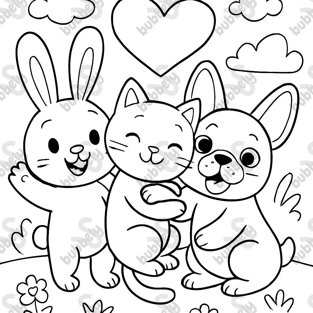 Un lapin, un chat et un bouledogue français avec un cœur.