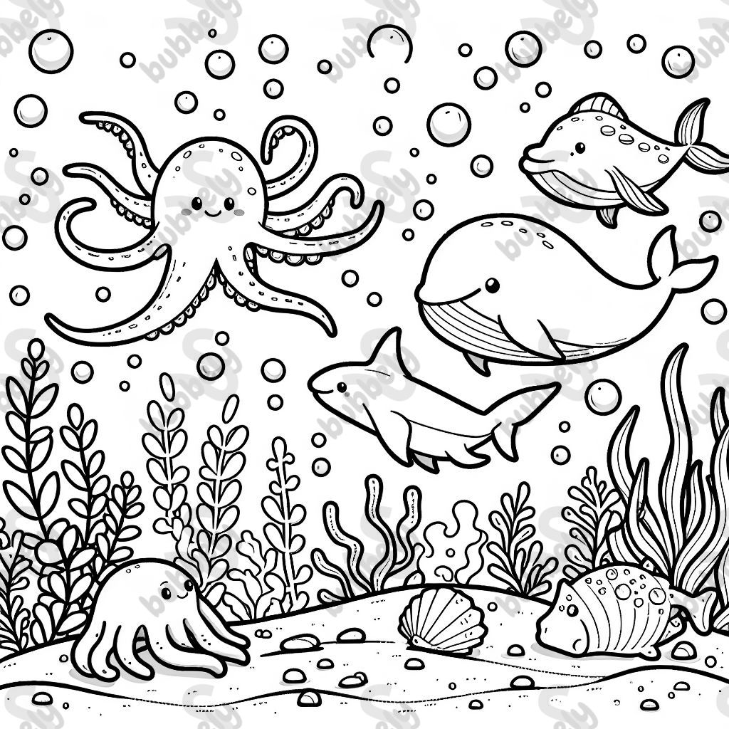 Simple line drawing of sea animals 