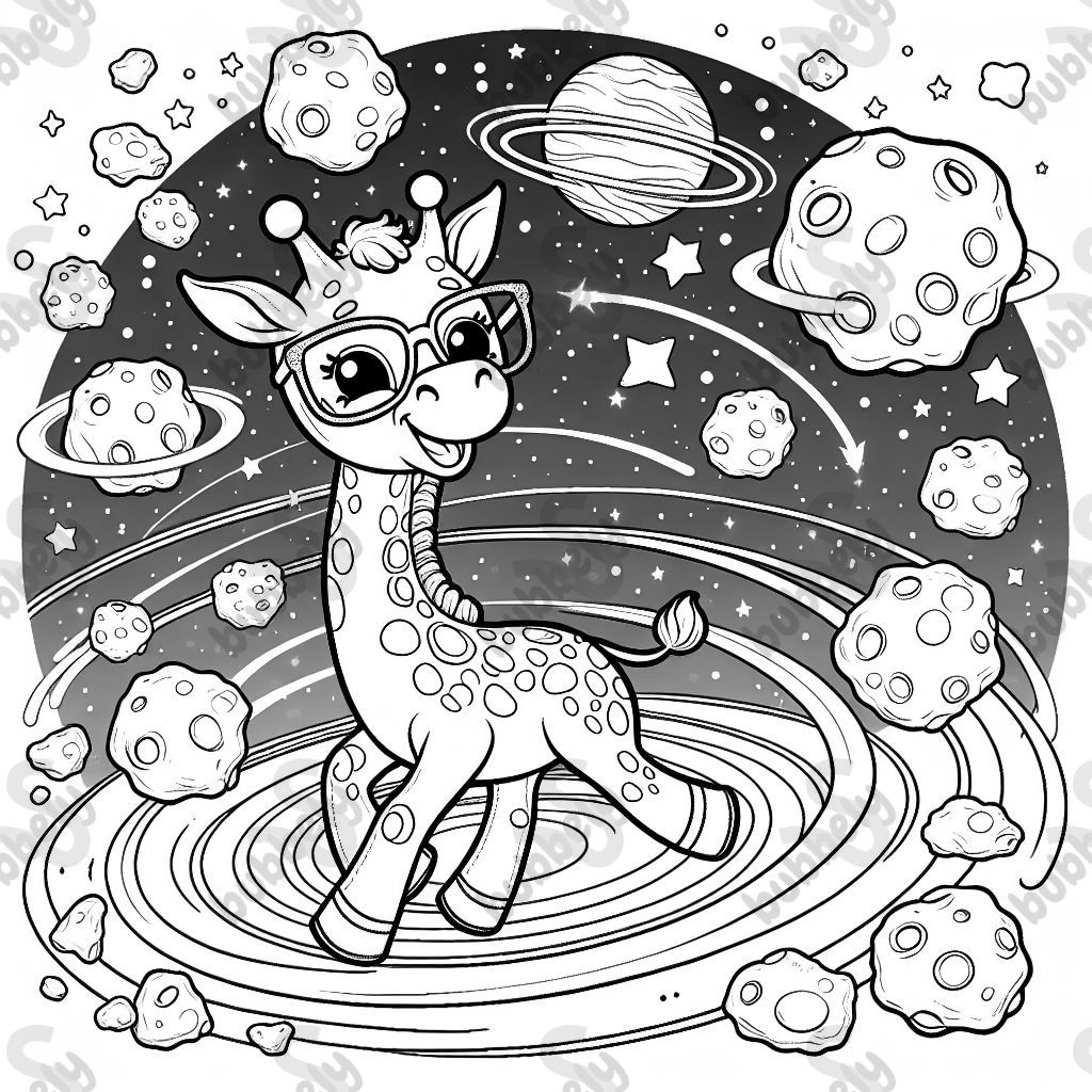 A giraffe wearing glasses in space with asteroids