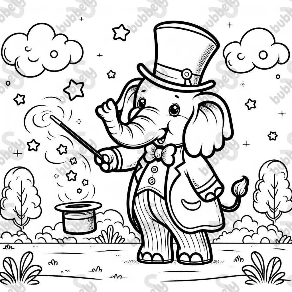 An elephant with a magician hat and wand