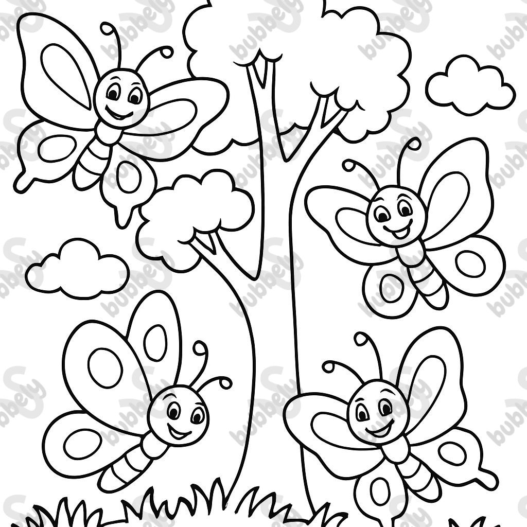 Butterflies tree grass clouds