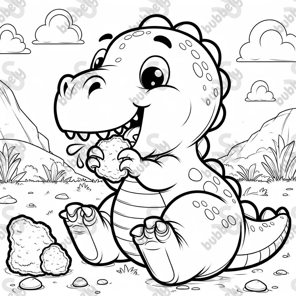 a dinosaur eating a chicken nugget