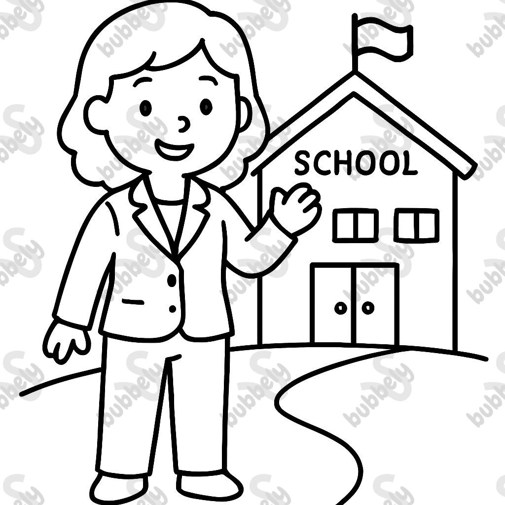 A woman in a pantsuit waving in front of a school.