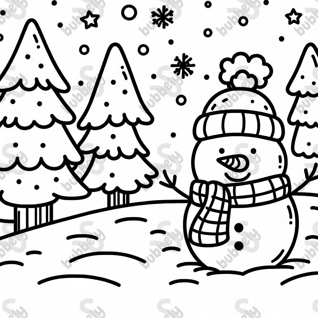 schneemann und tannenbäume in schneelandschaft