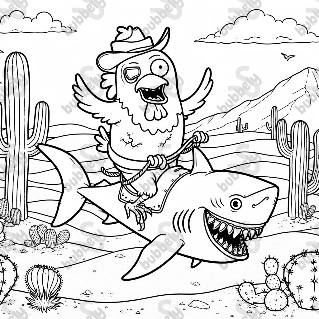 Zombie chicken riding shark in desert.