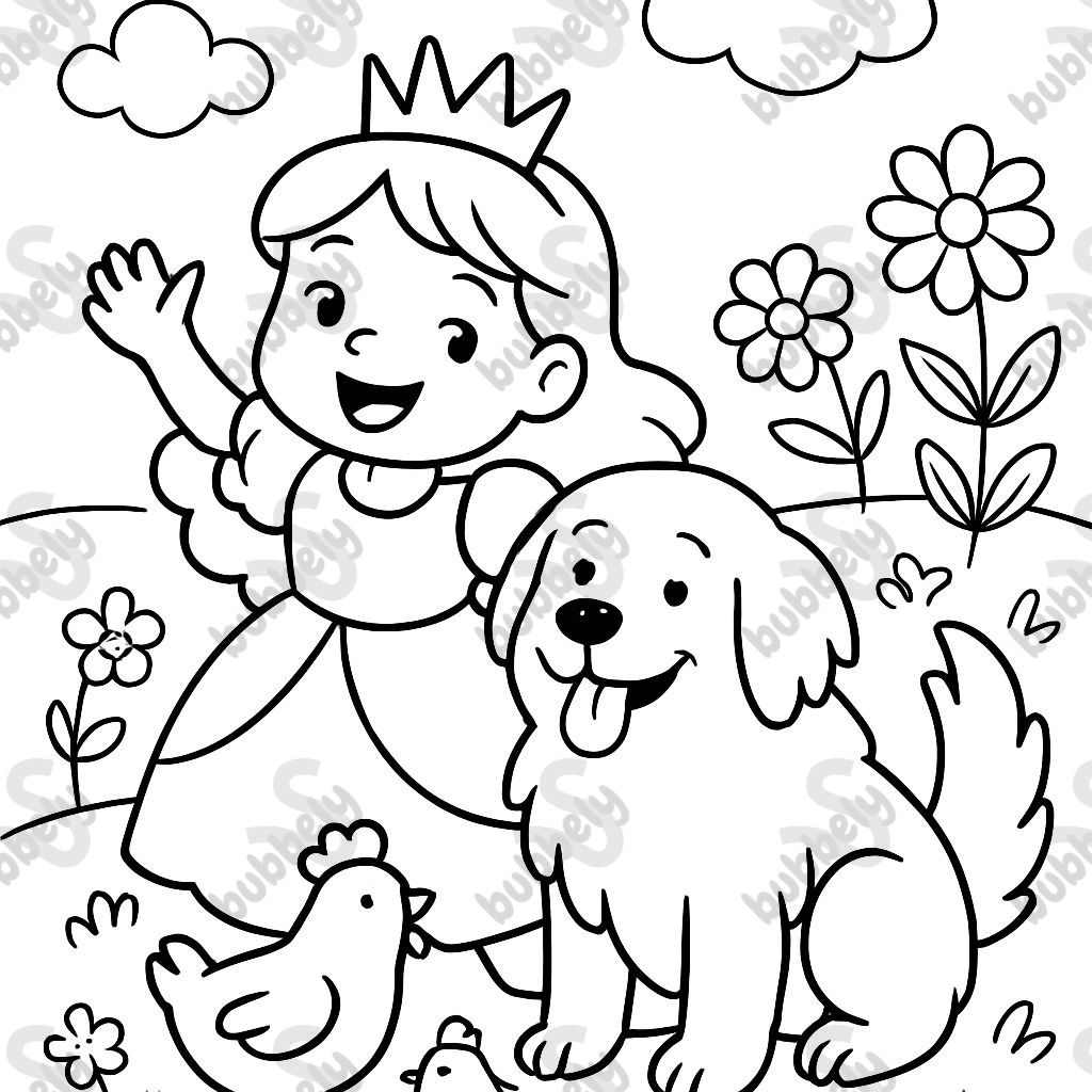 princess with her great pyrenees and chickens and flowers