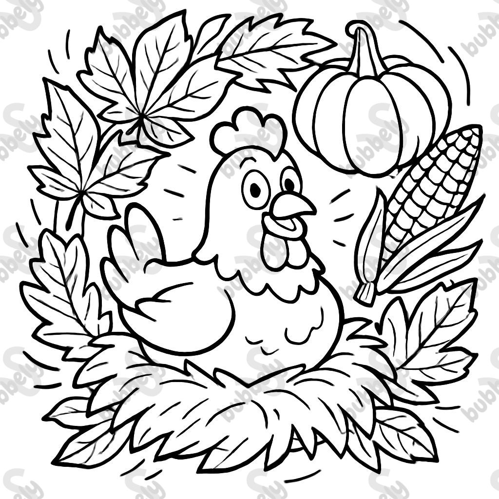 A chicken sits in the nest surrounded by a wreath with autumn elements like chestnut leaves, pumpkin, corn cobs.