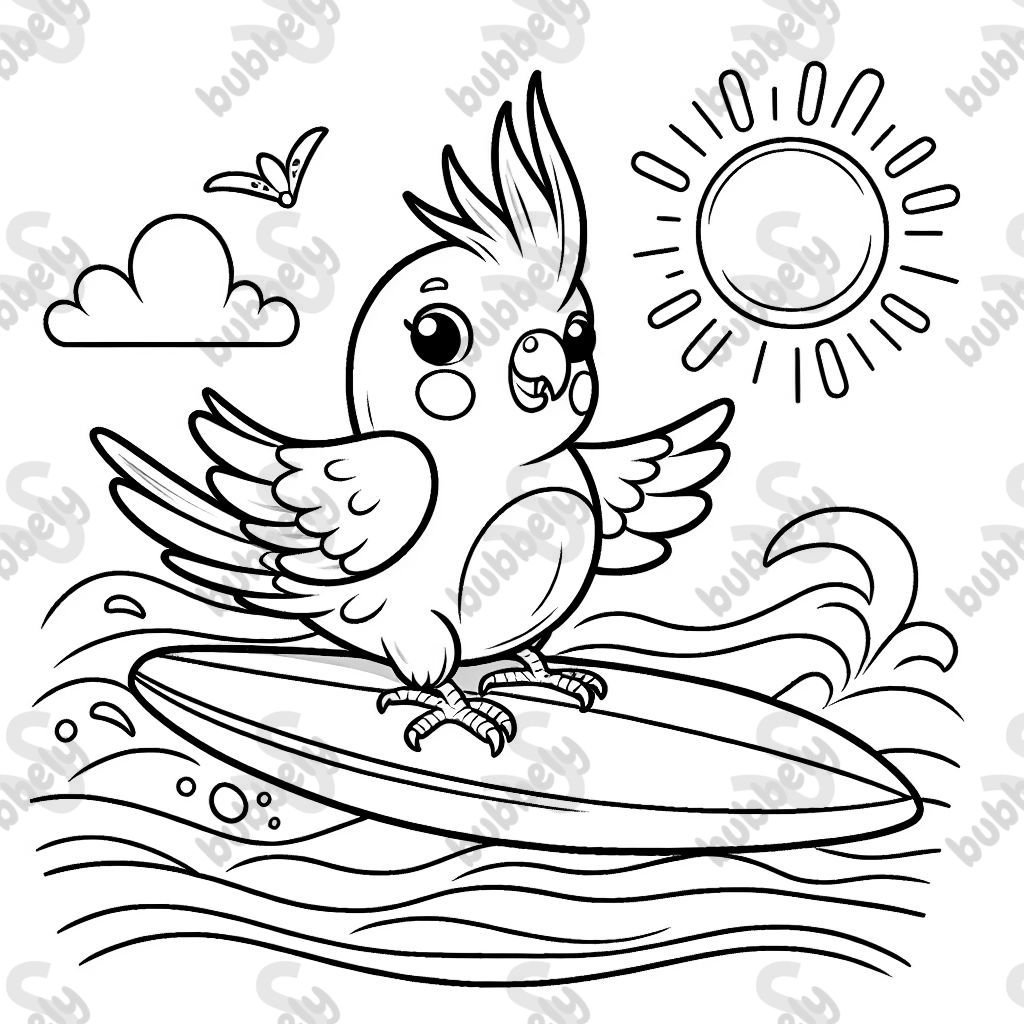 A cockatiel on a surfboard