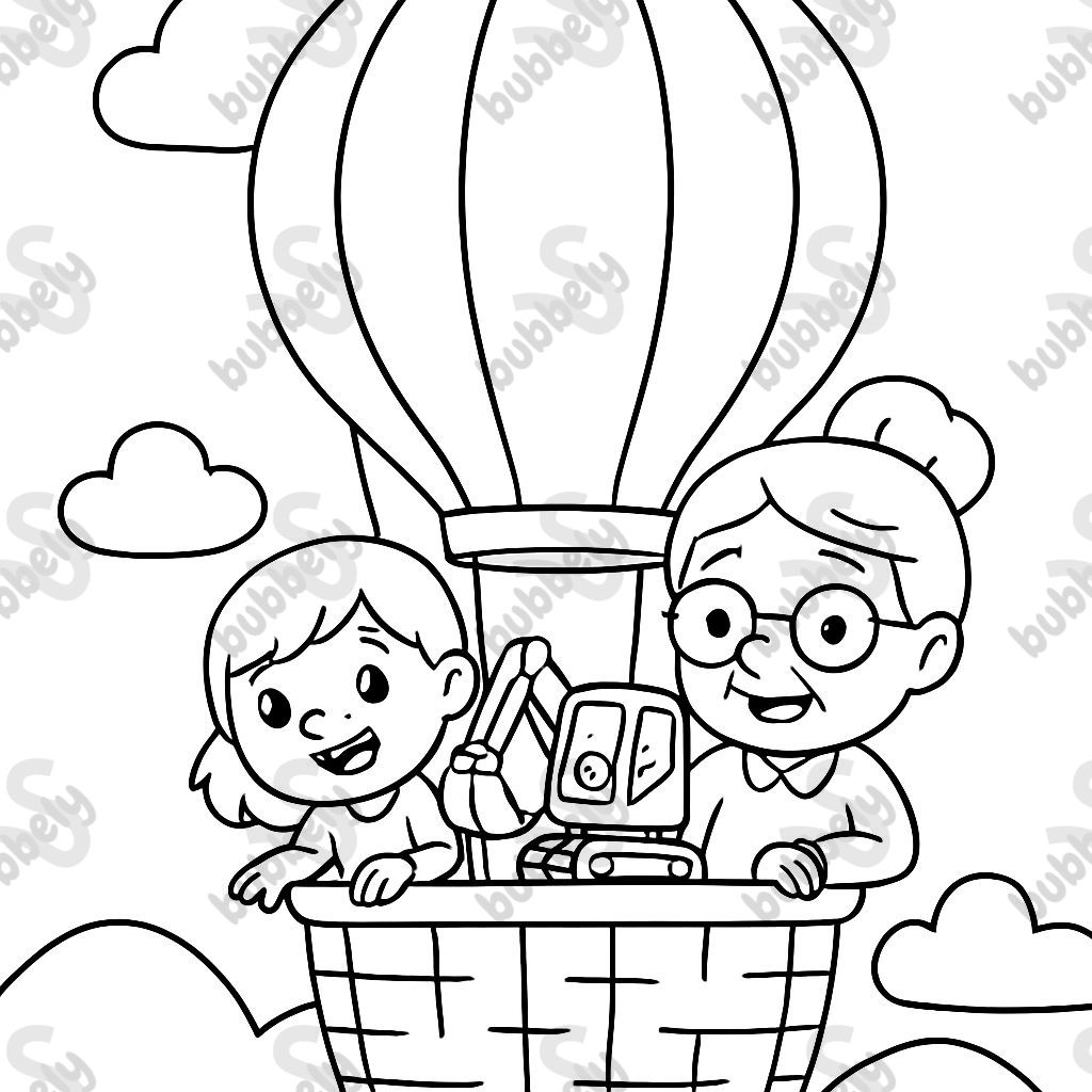 A little girl and her grandma and a small excavator all riding together in a hot air balloon. A little girl and her grandma and a small excavator all riding together in a hot air balloon.