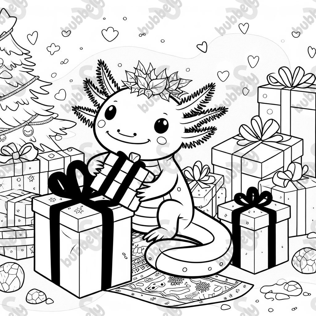 Einen Axolotl der Geschenke einpackt.