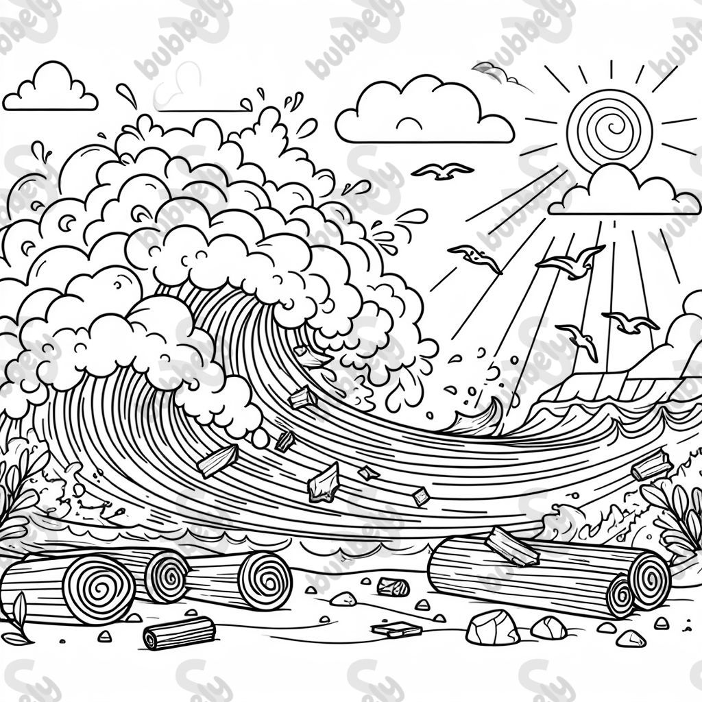 storm surge full of debris crashing against coastline