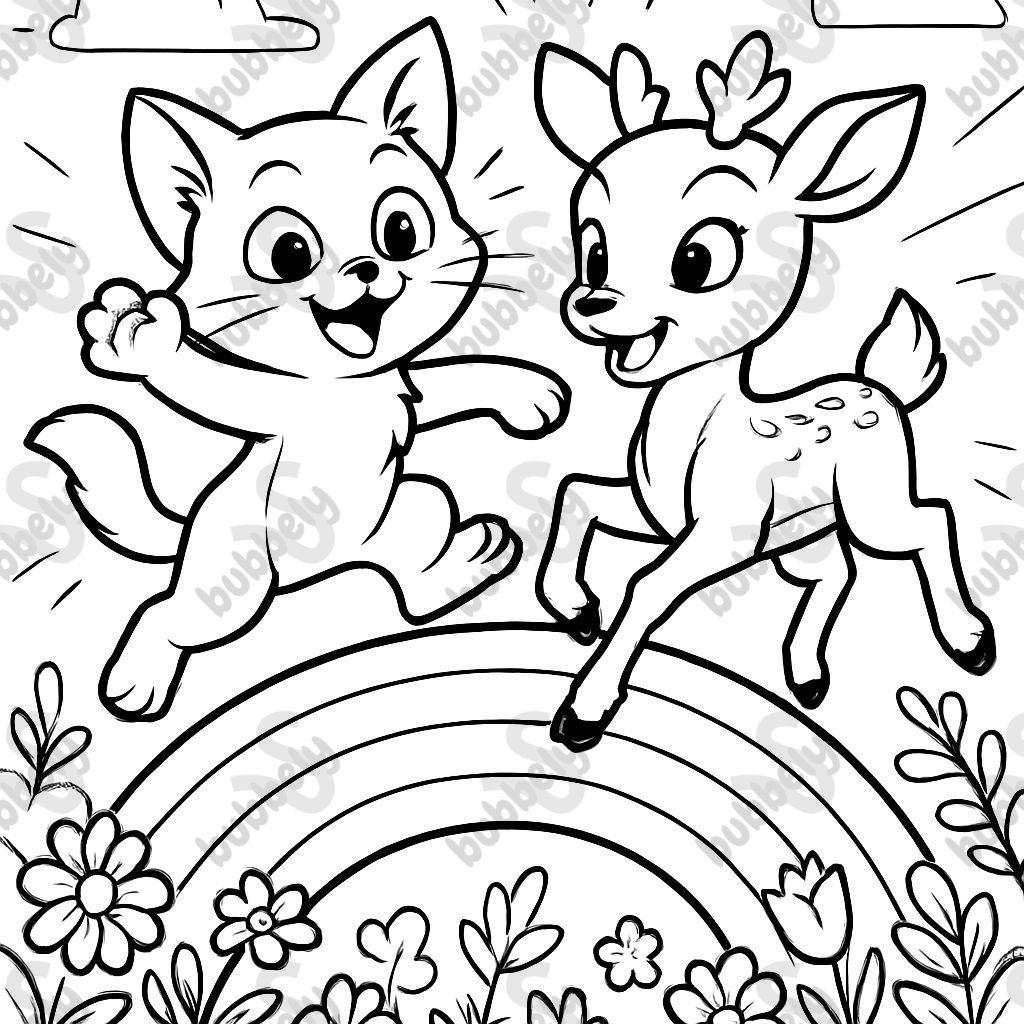 Un chaton et un faon sur un arc-en-ciel dans un jardin Un chaton et un faon sur un arc-en-ciel dans un jardin