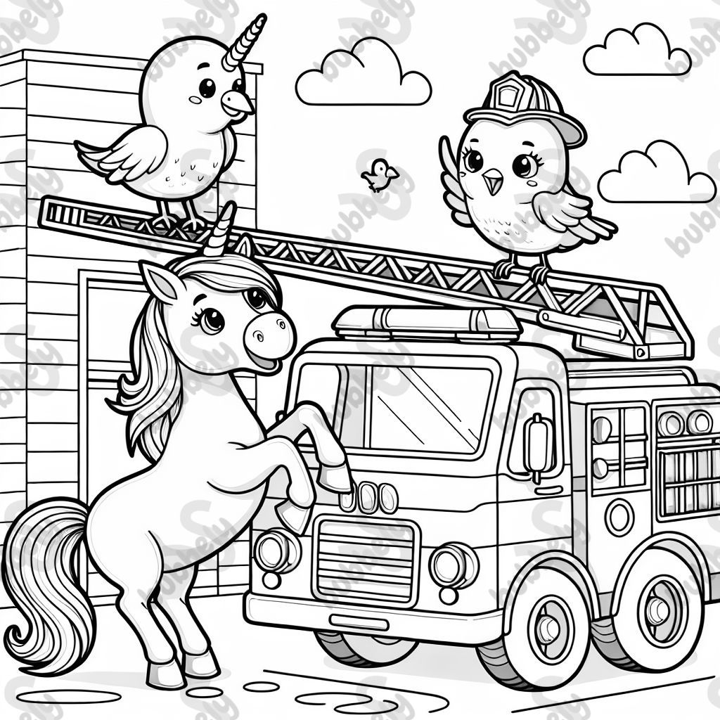 Unicorn and a bird on top of ladder of a fire truck
