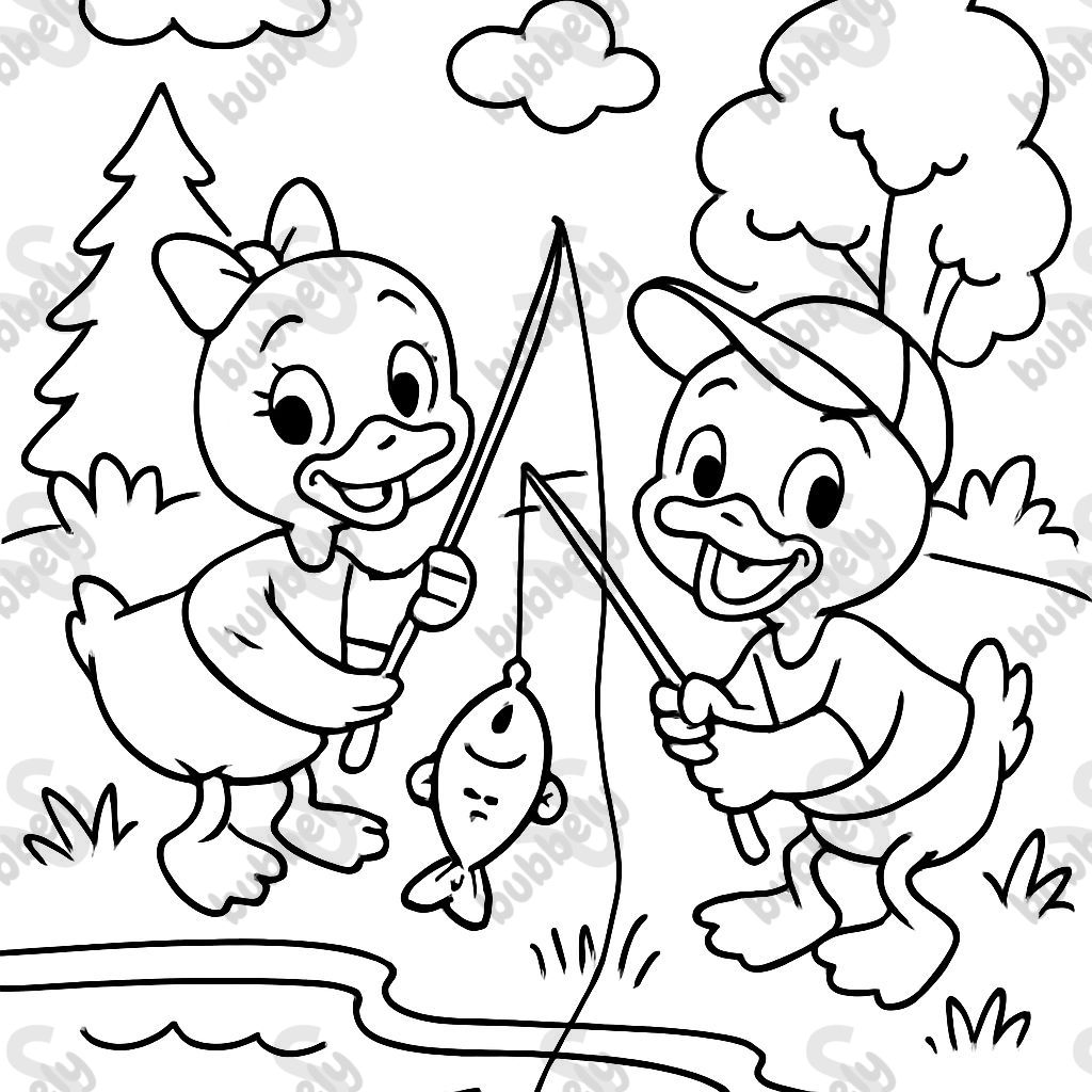 Girl and boy duck fishing