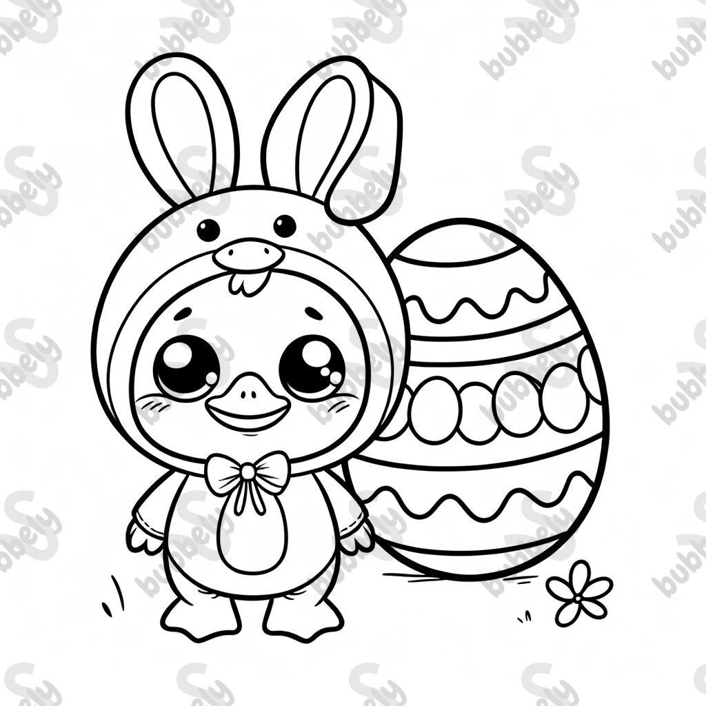 A simple cute duck in a bunny costume with big easter eggs in the background A simple cute duck in a bunny costume with big easter eggs in the background