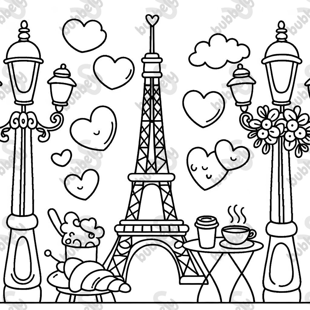 Eiffel Tower , With fluffy heart-shaped clouds, cheerful street lamps, and a tiny cafe table with cups of coffee and croissant Eiffel Tower , With fluffy heart-shaped clouds, cheerful street lamps, and a tiny cafe table with cups of coffee and croissant