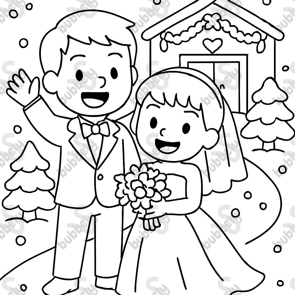 Couple at their wedding, both have short hair, at a venue that is not a church in the winter.