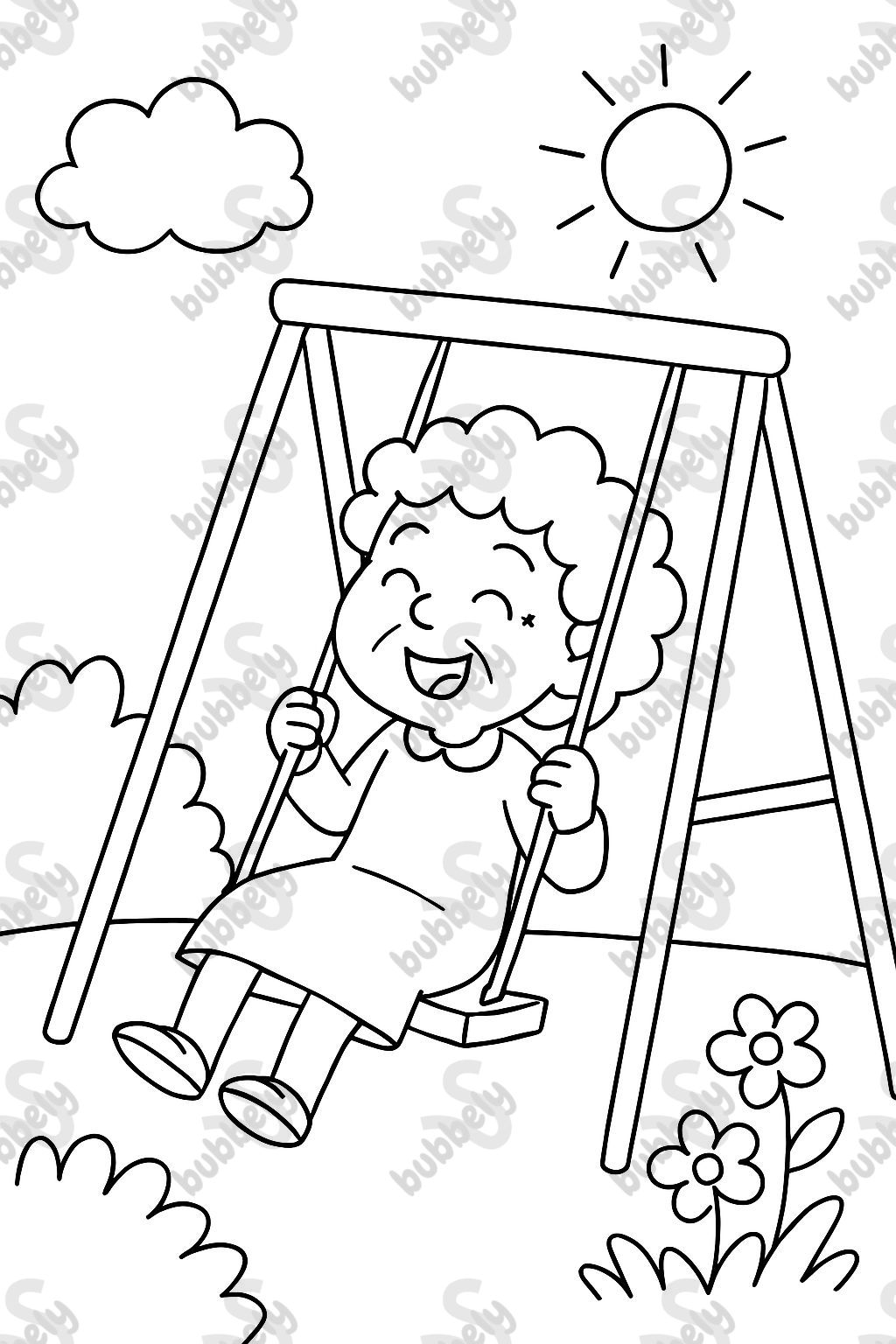 Grand-mère sans lunettes avec de longs cheveux bouclés jouant sur une balançoire