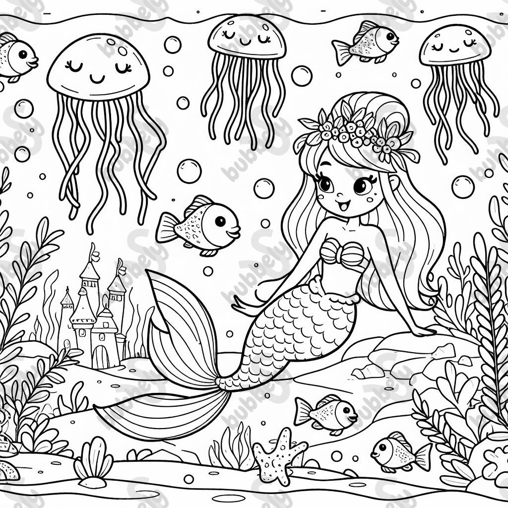 mermaid and fish and jellyfish
