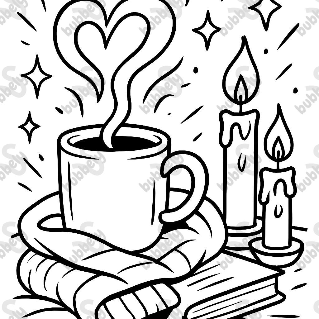A steaming mug beside glowing candles, with sparkles rising in the air. A heart-shaped steam swirl, and maybe a cozy blanket or book beside it. A steaming mug beside glowing candles, with sparkles rising in the air. A heart-shaped steam swirl, and maybe a cozy blanket or book beside it.