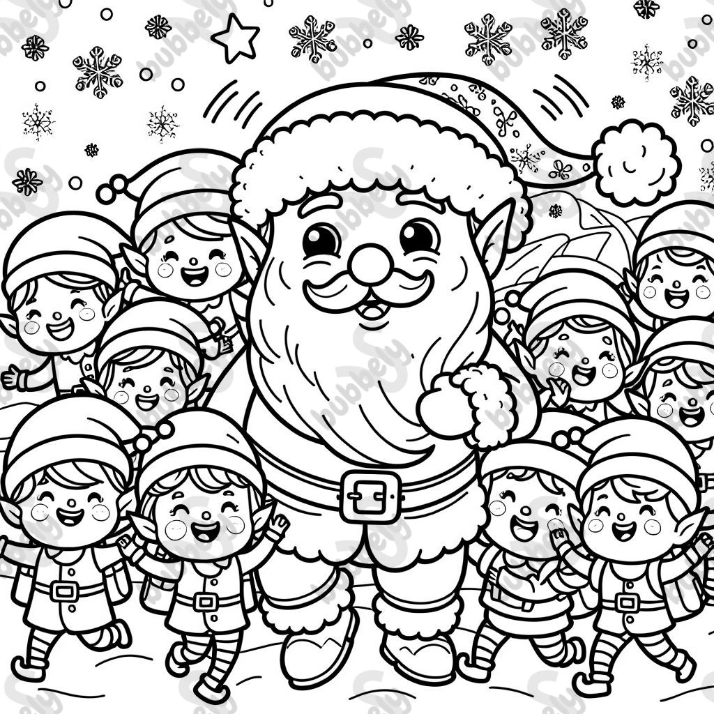 einen Weihnachtsmann mit vielen kleinen Wichteln