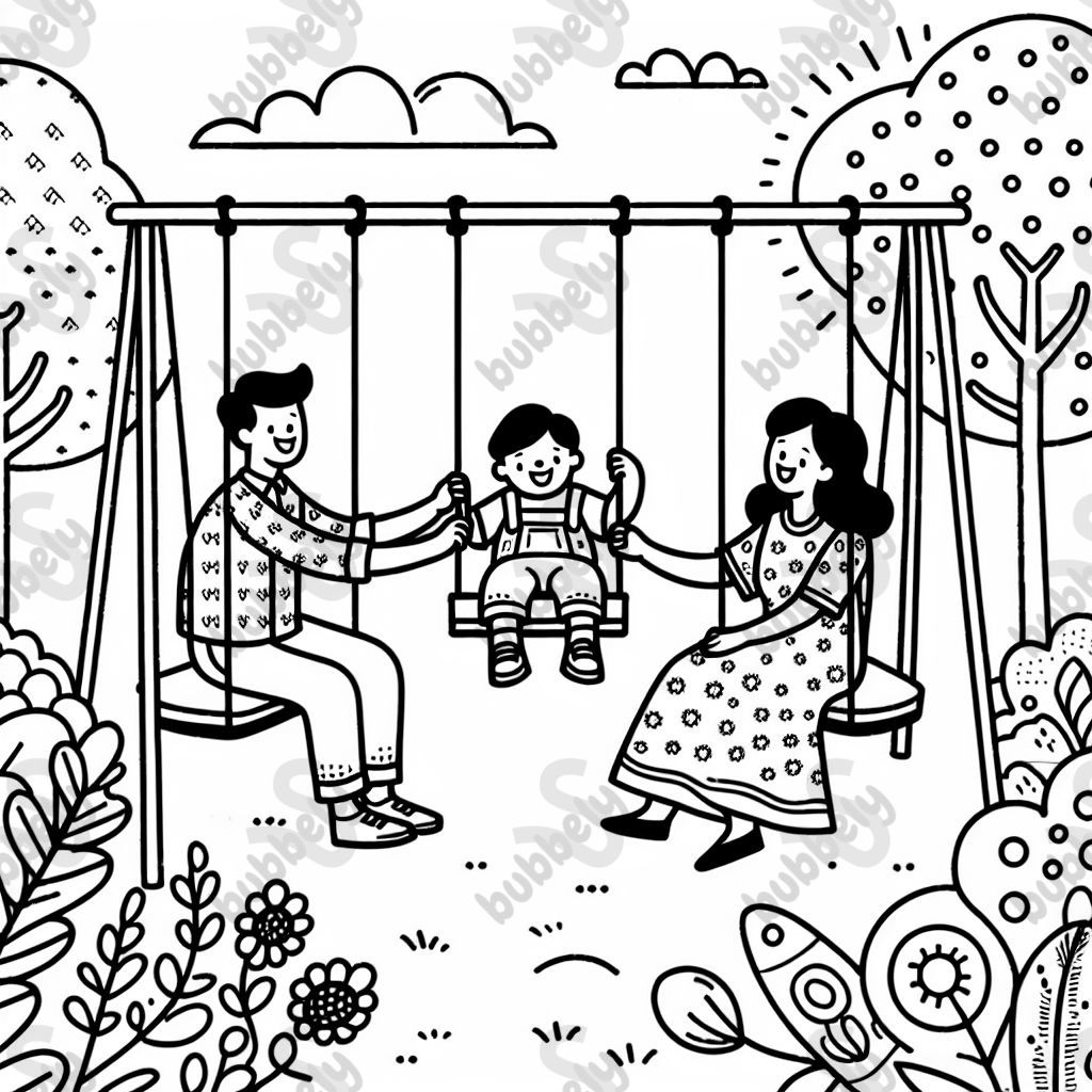 A colorful drawing of a family swinging together. The child sits in the middle, enjoying the swing with their parents. A colorful drawing of a family swinging together. The child sits in the middle, enjoying the swing with their parents.