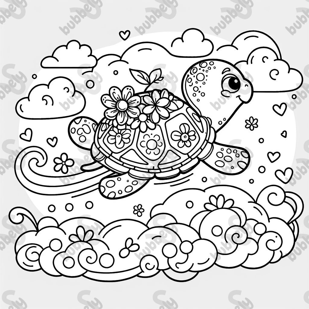 une tortue à la carapace fleurie qui vole dans les nuages