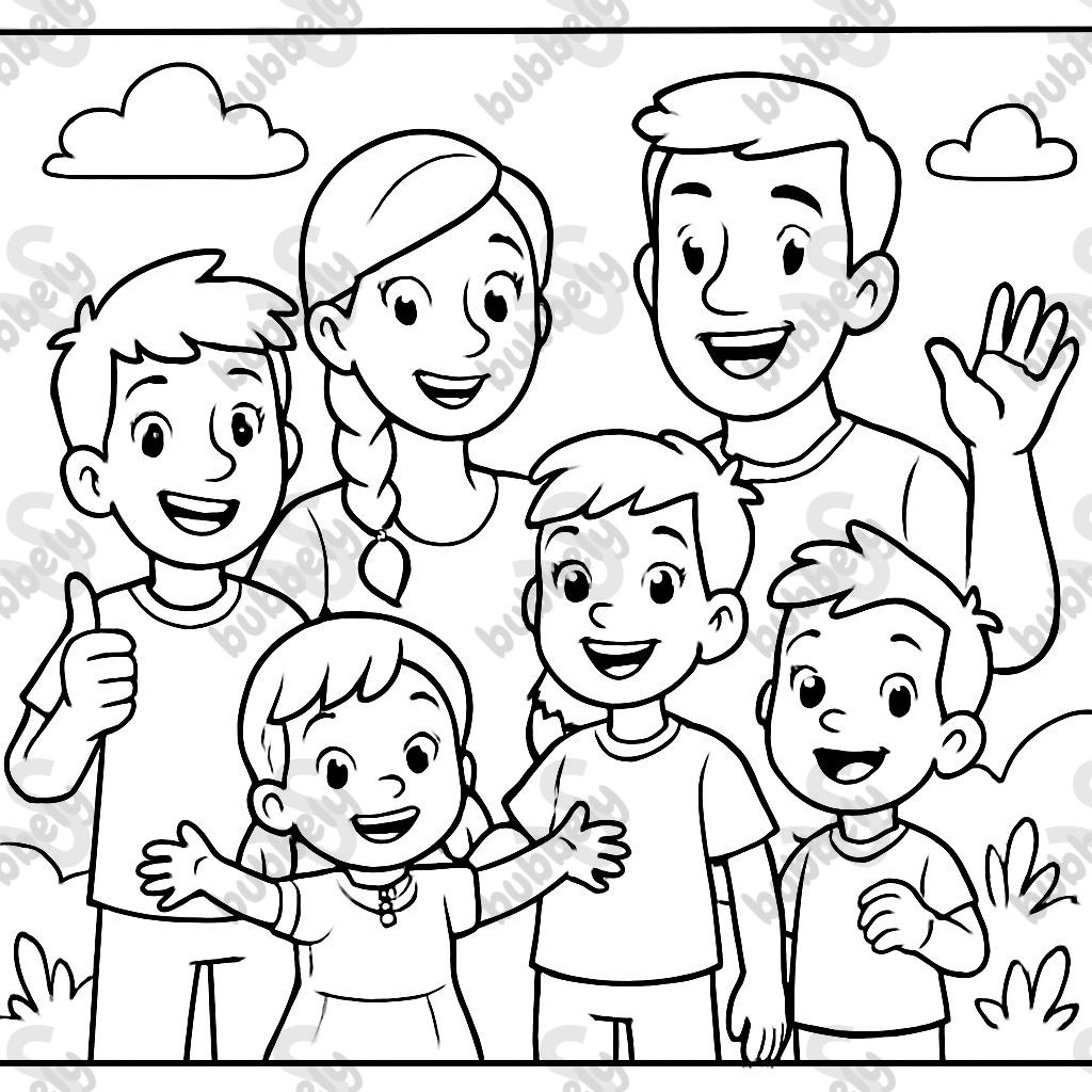 Family photo of a father, mother with braid, two big boys, a little girl, a little boy Family photo of a father, mother with braid, two big boys, a little girl, a little boy