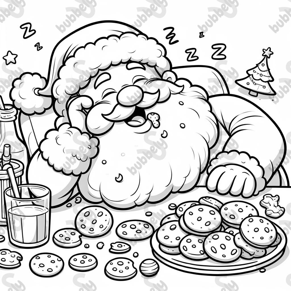 Santa eating too many cookies and falling asleep