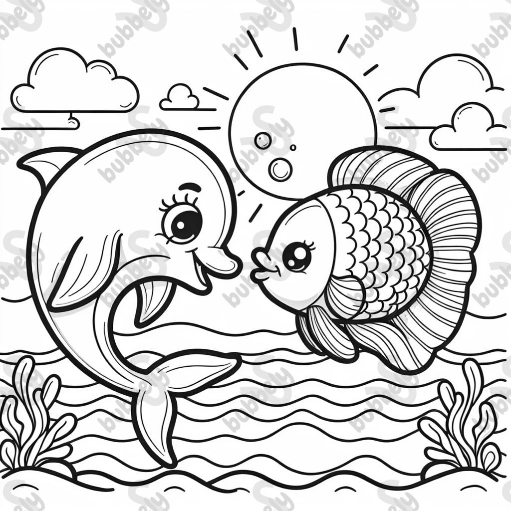 Dolphin smiling at a goldfish 