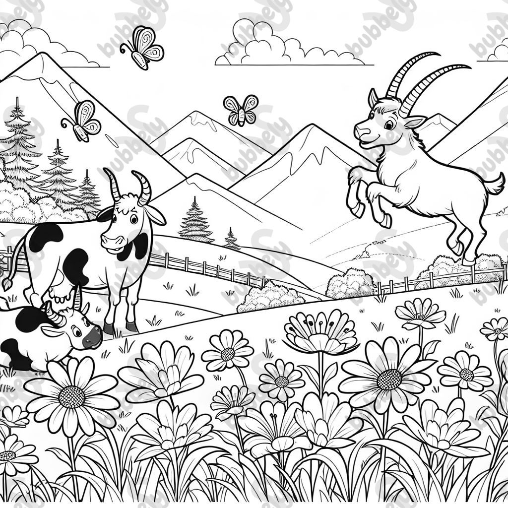 Mountain landscape with cows, ibex, and flowers