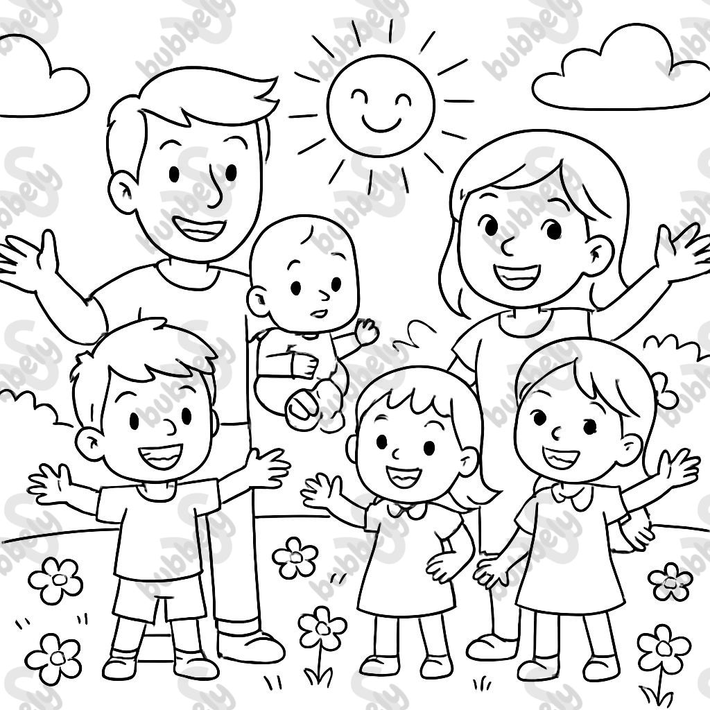A family with a mother, father, big sister, two brothers, a little sister, and a baby on a meadow with flowers and sun.