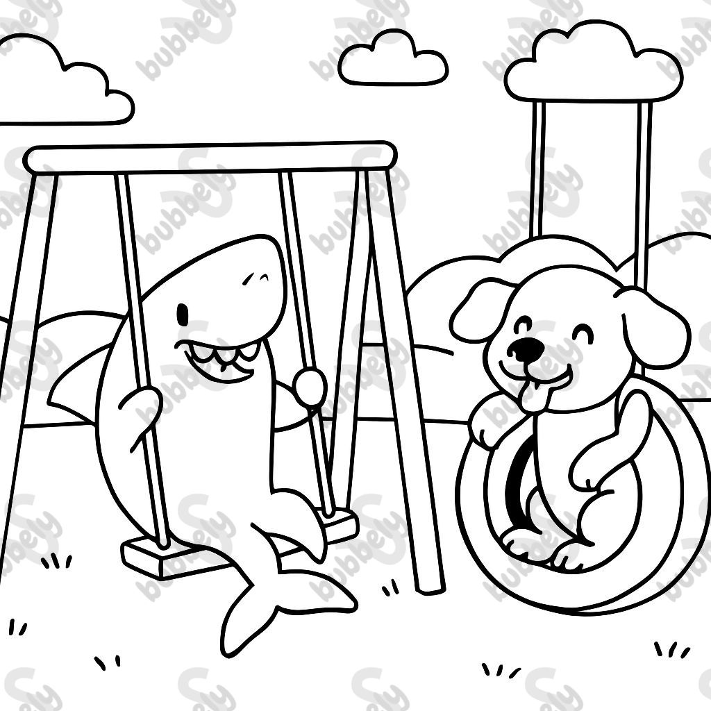a shark on a swing and a dog on a tire swing playing in the playground a shark on a swing and a dog on a tire swing playing in the playground