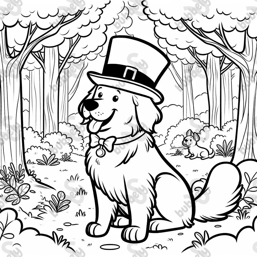 a golden retriever in the forest with a top hat and a