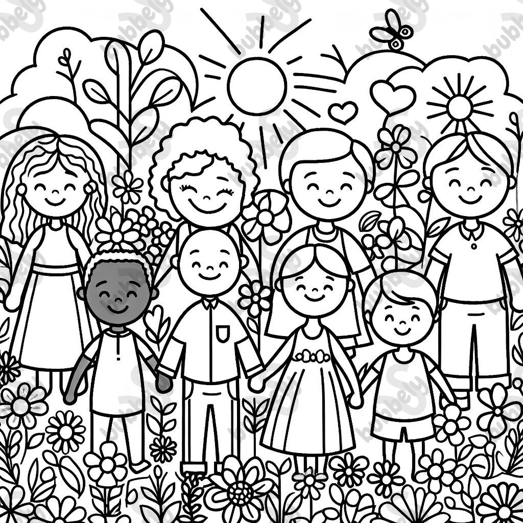 Figures holding hands in a field of flowers