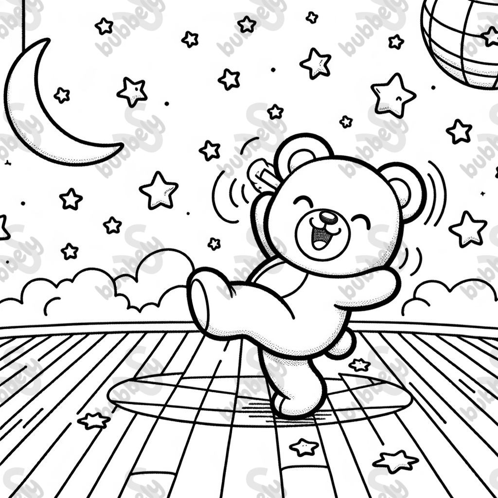 A dancing teddy bear on a dance floor with stars 
