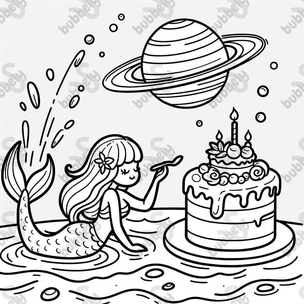 A mermaid with water and a cake on Saturn.