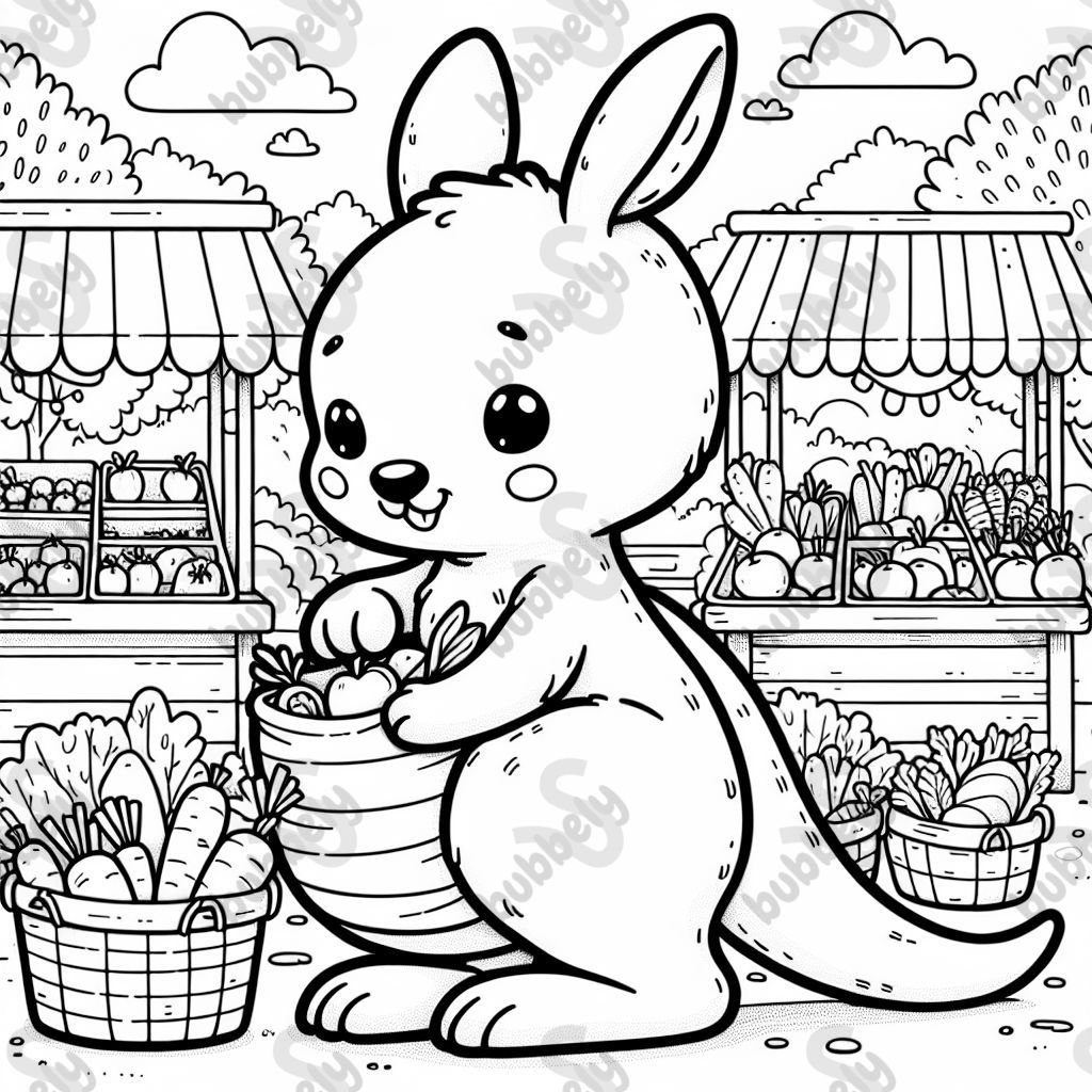 ein Känguruh das auf dem Markt einkauft und Gemüse in seinen Beutel stopft.