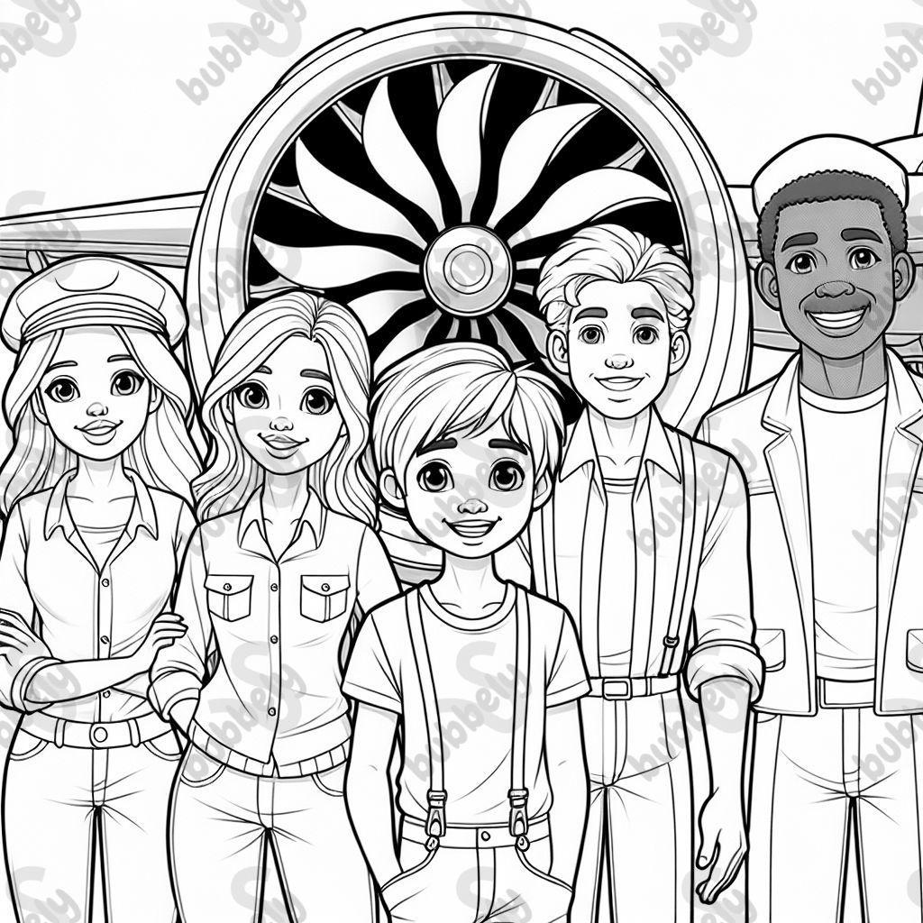 2 small women, 1 tall muscular boy, 2 medium sized slim men and a medium sized fatter older man in front of an airplane engine