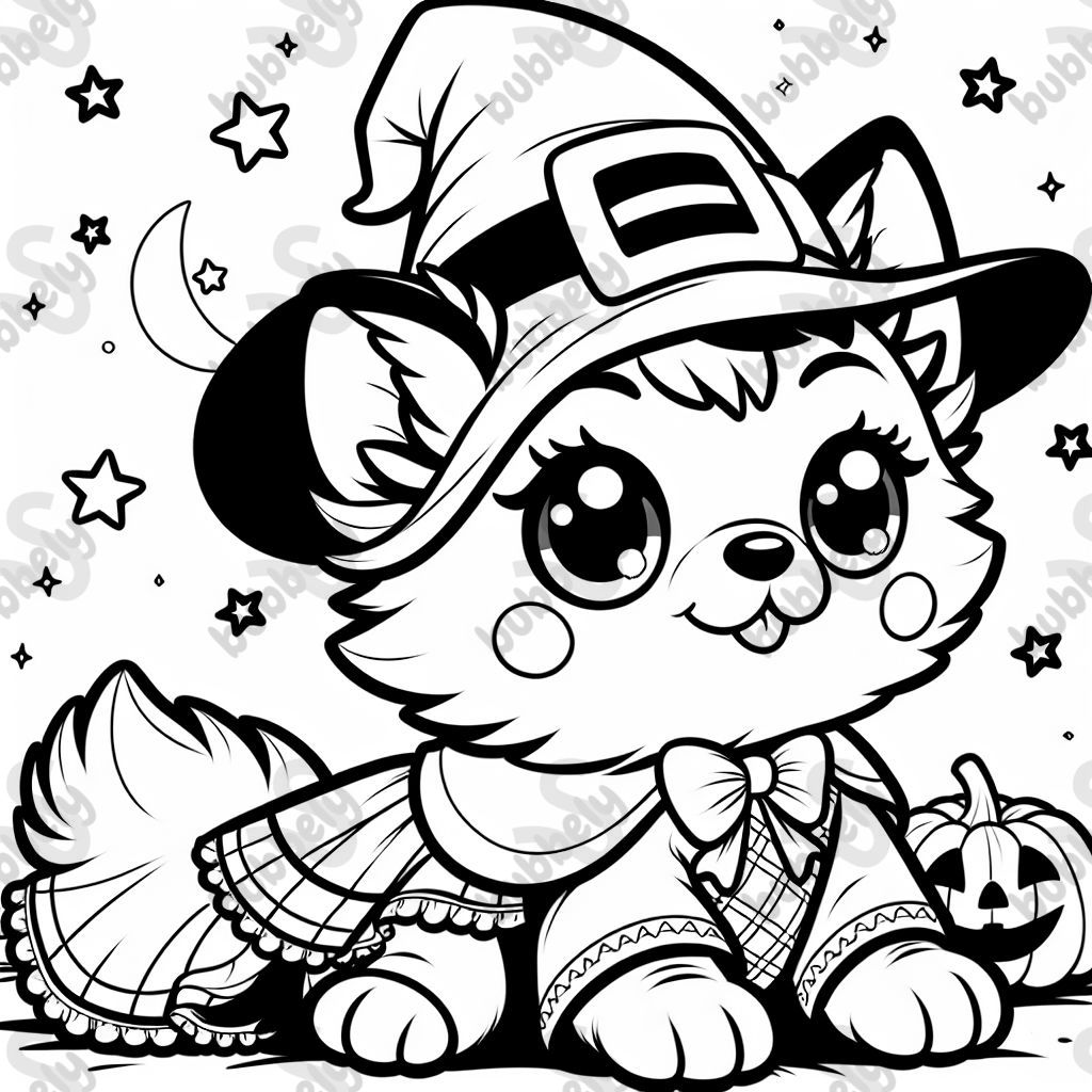 a puppy wearing a witch halloween costume. SIMPLE. No black filled in areas 