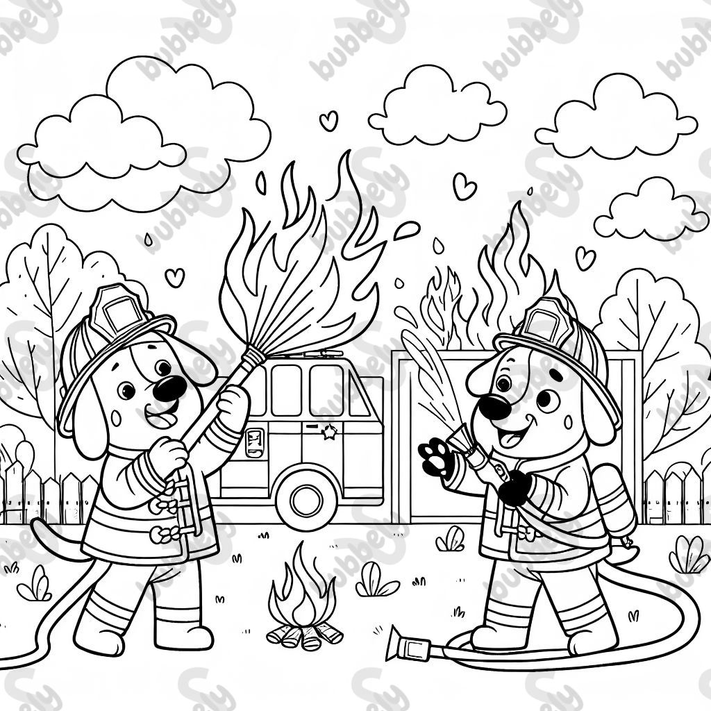 A fire department extinguishing a fire. The firefighters are dogs. A fire department extinguishing a fire. The firefighters are dogs.
