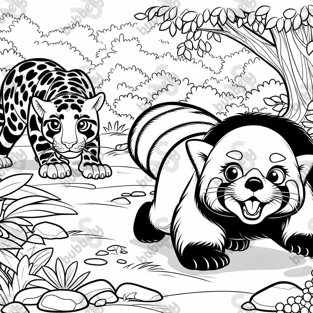 Roter Panda schleicht sich an Nebelparder an