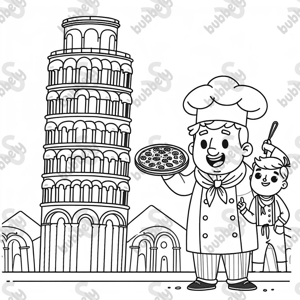 The leaning tower of Pisa with a man dressed like a chef with a pizza.