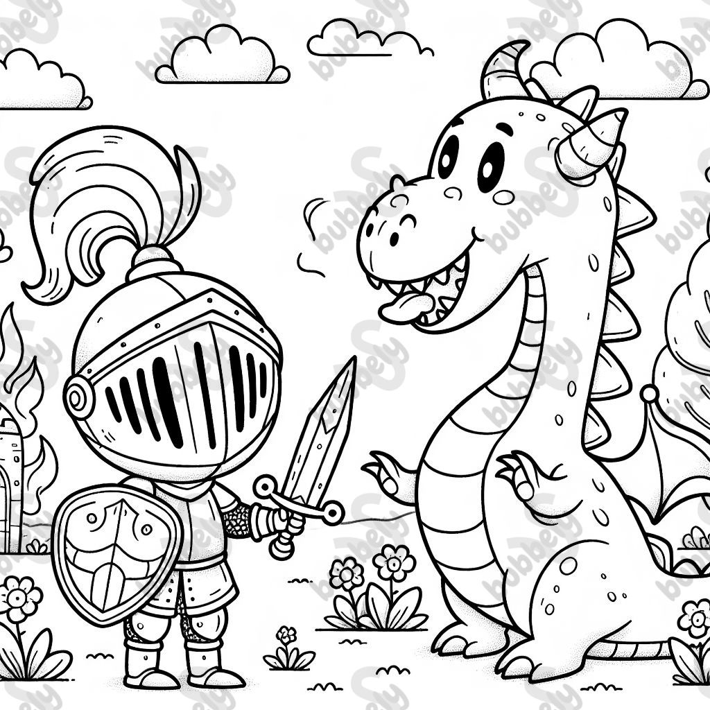 A knight fighting a fire breathing dragon.