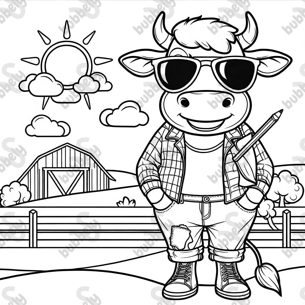 a friendly cow, wearing clothes and sunglasses