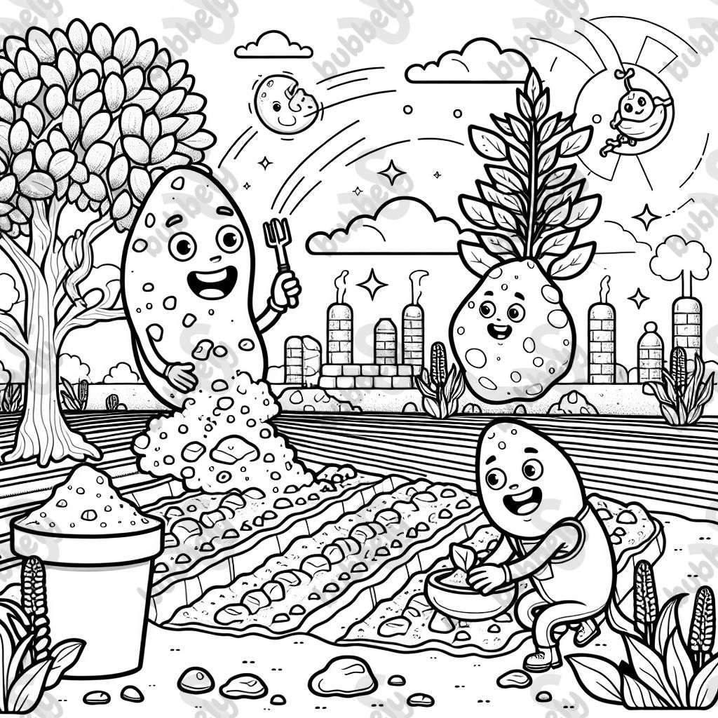An illustration of humus helping plants, for coloring by first-grade children.