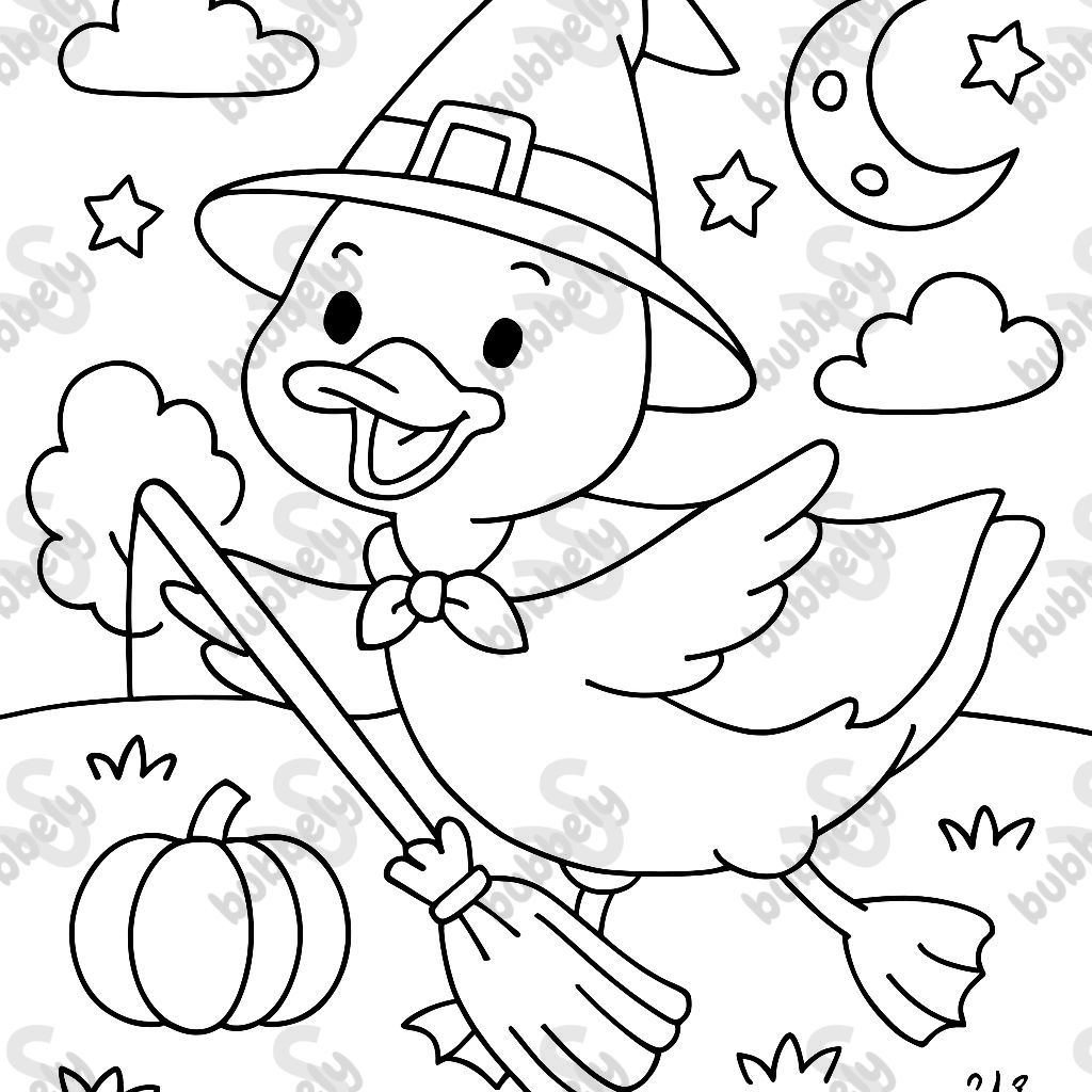 A pet duck in a witch costume