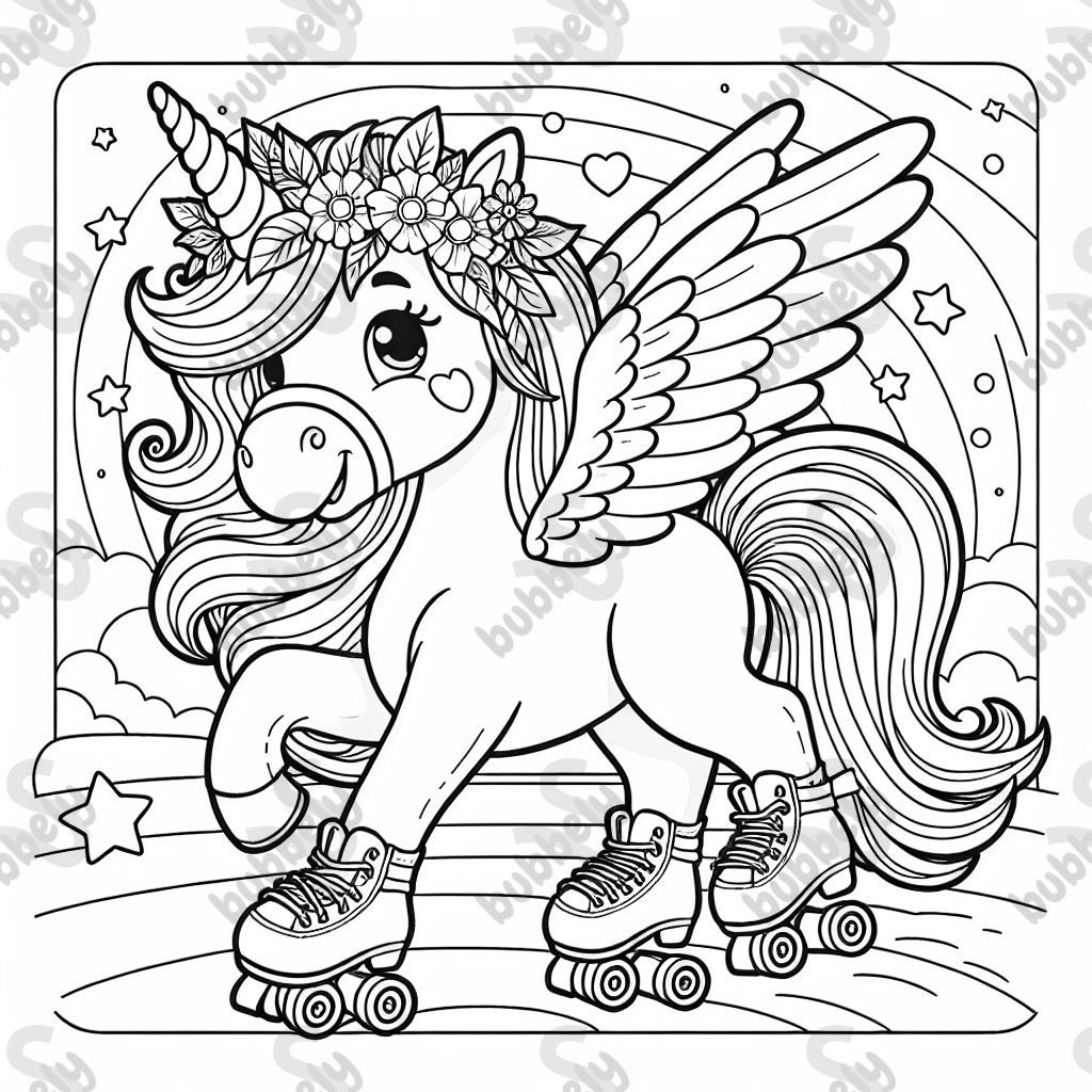 unicorn with wings and roller skates and flower mane