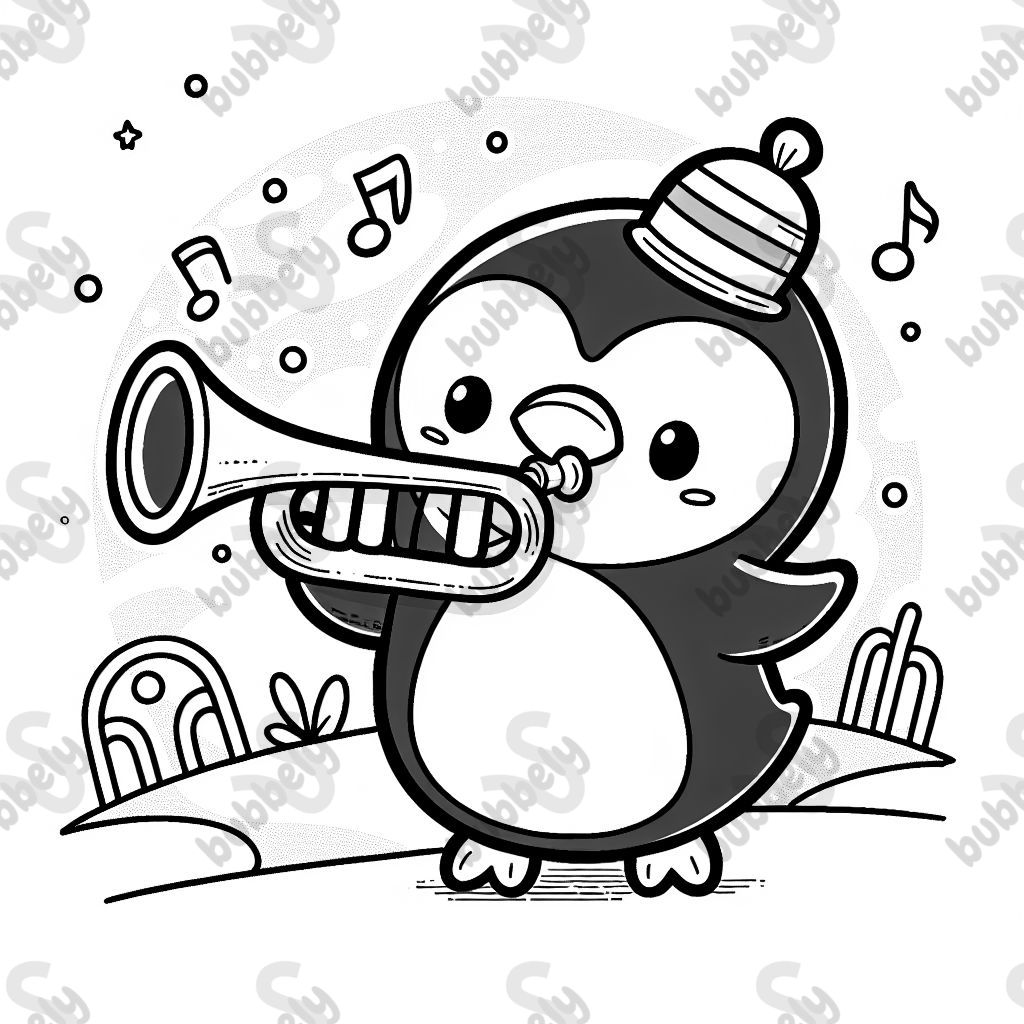 A penguin playing trumpet.